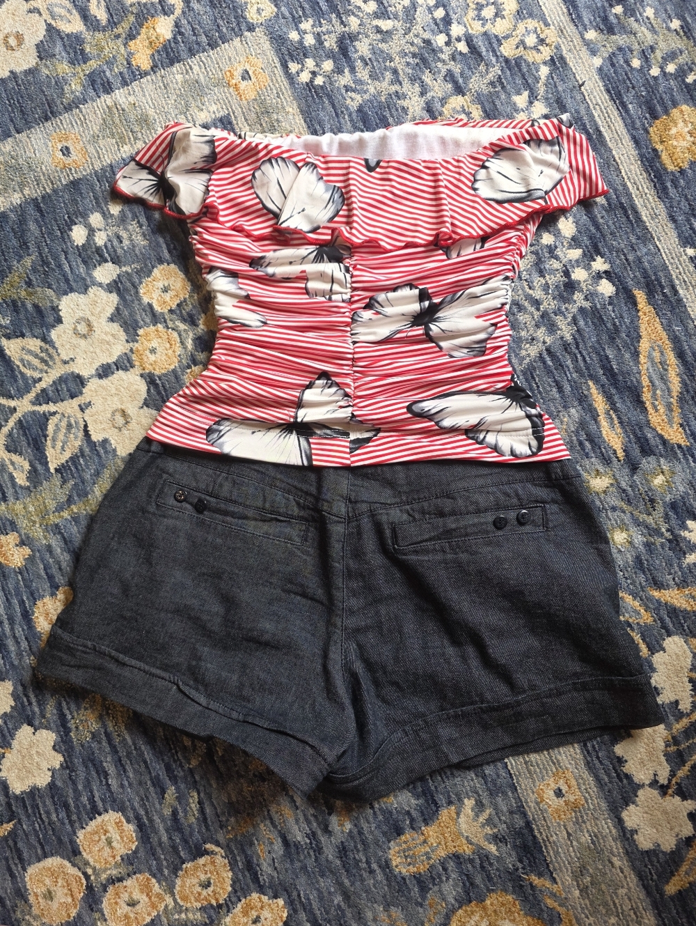 Y2k Vintage Summer Srapless One piece Butterfly Print Red And White Stripes - Picture 4 of 7
